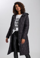 Outdoor coat with decorative quilting and motto print