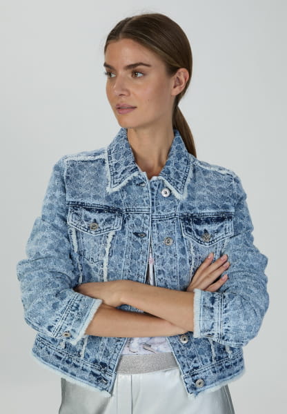 Jacquard denim jacket with fringes