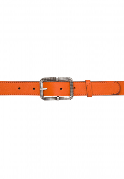 Leather belt with angular metal buckle