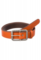 Leather belt with angular metal buckle
