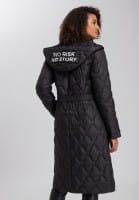 Outdoor coat with decorative quilting and motto print