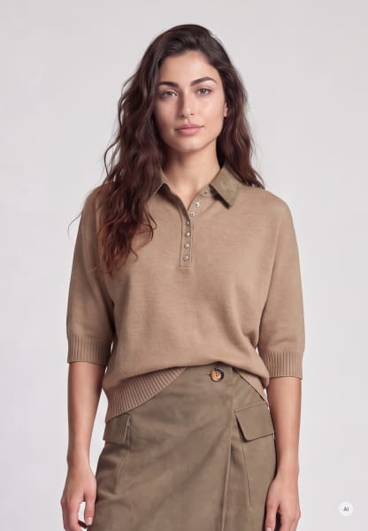 Sweater with faux leather collar