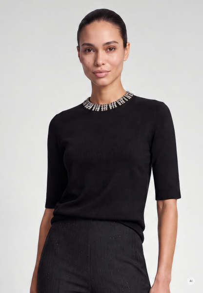 Sweater with rhinestone neckline
