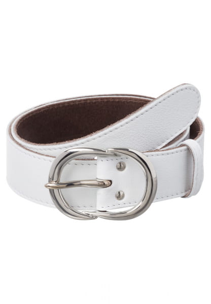 Leather belt with shiny metal buckle