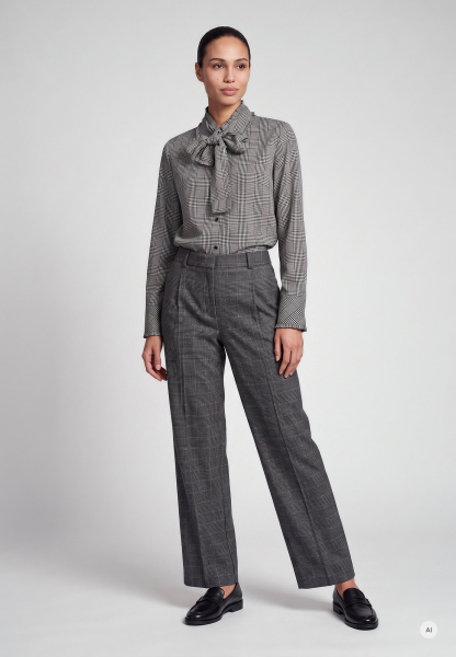 Checkered Blouse with Bow Tie