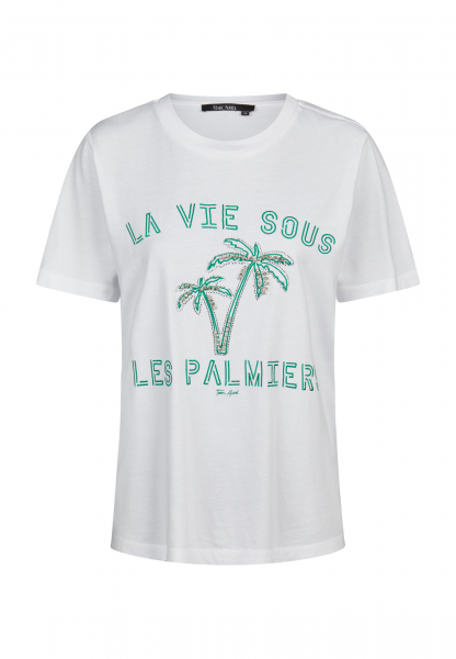 Shirt with lettering and rhinestone appliqués