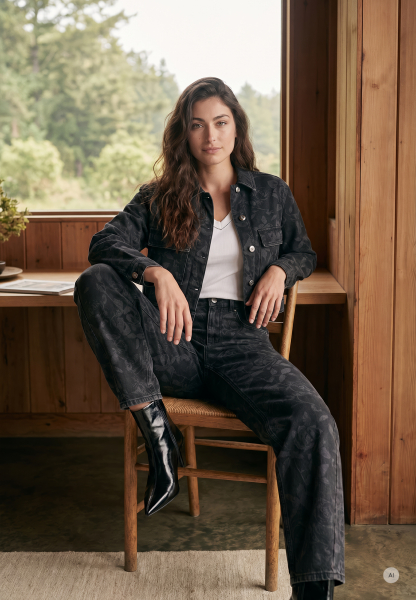 Black Denim Jeansjacke mit Rosenprint