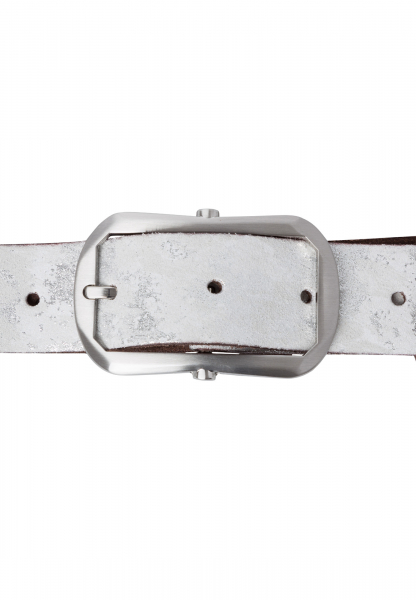 Metallic belt with statement clasp and decorative rivets
