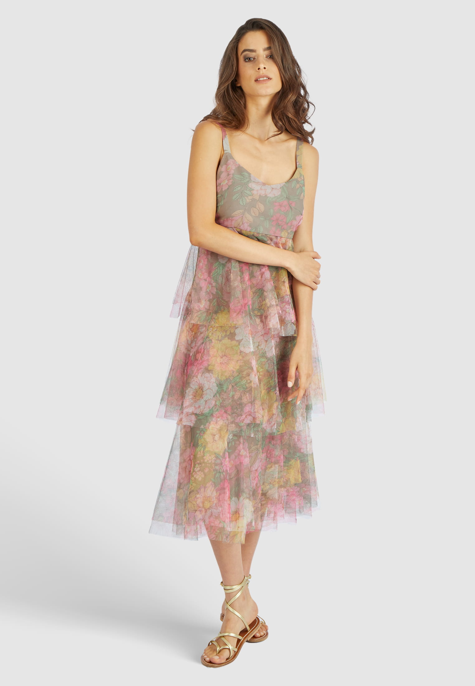 floral print tulle dress （Rosé Muse） - ロングワンピース