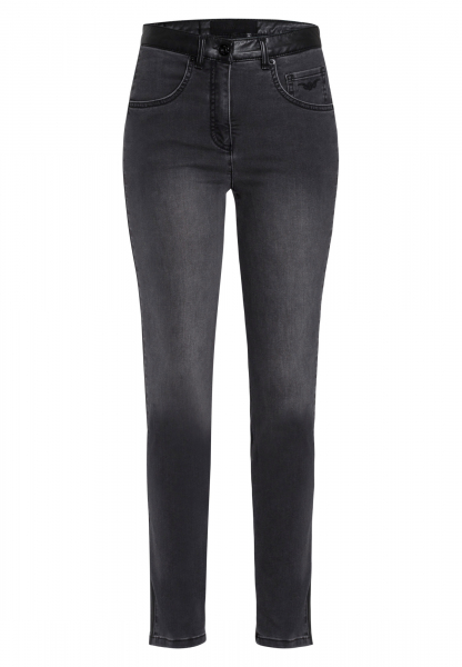 High-waisted skinny jeans in black denim with leather details